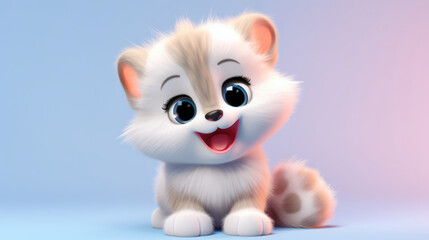 Fototapeta na wymiar Realistic 3d render of a happy, furry and cute baby Playful Paws - Fun Pets Embrace the Fashion smiling with big eyes looking strainght