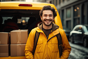 delivery man holding boxes and smiling in front of a van - obrazy, fototapety, plakaty