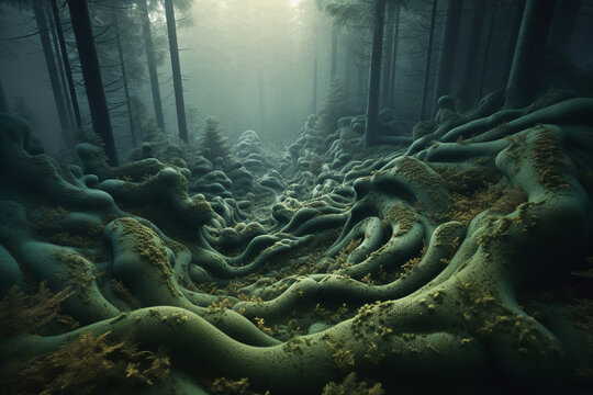 Landscape, fantasy concept. Surreal looking wavy tree roots in dense, dark and mysterious forest. Nature background with copy space