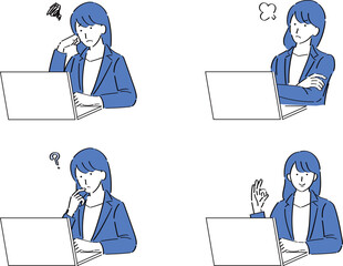 PCを操作する色々な表情のスーツ女性