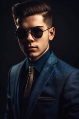 Obraz premium Fashionable male model in a trendy suit and sunglasses. AI Generated..