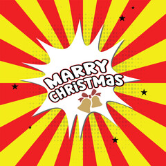 Comic  expression text Merry Christmas! gifts, bows, hearts, toys, stars. Vector bright dynamic holiday illustration in retro pop art style.