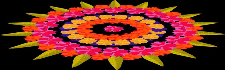 Beautiful Rangoli Made By Colorful Flower and Mango Leaves Vector Illustration.