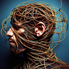 Visualize a person's head as a ball of tangled wires  representing a different thought or voice, conveying the complexity of their mental state.