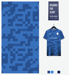 Soccer jersey pattern design. Pixel pattern on blue background for soccer kit, football kit, sports uniform. T shirt mockup template. Fabric pattern. Abstract background. 