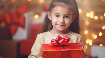 Little cute child holding gift box with red ribbon and giving gifts at holiday event, new year and christmas