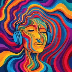 boy with headphone in a colorful vivid background, an illustration of auditory hallucinations,  mental health concept art 