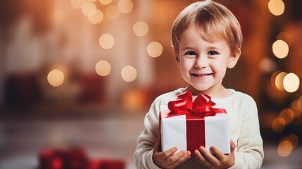 Fototapeta na wymiar Little cute child holding gift box with red ribbon and giving gifts at holiday event, new year and christmas