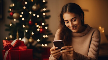 Young woman orders New Year gifts during Christmas holidays at home using smartphone and credit card