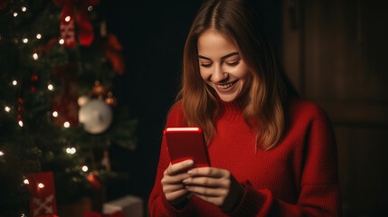 Young woman in a red sweater orders gifts during the Christmas holidays at home, using a smartphone and a credit card. - Powered by Adobe