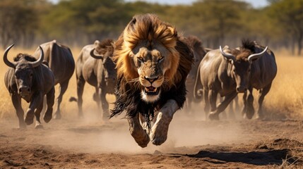 The lion runs after its prey. Wild Africa. Serengeti National Park in Tanzania.
