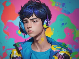 boy with headphone in a colorful vivid background, an illustration of auditory hallucinations,  mental health concept art 