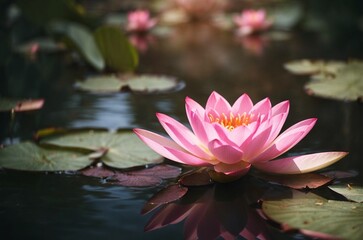Pink water lily in the pond with green leaves and reflection.
