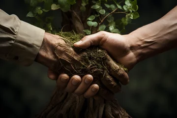 Foto op Canvas A poignant handshake between man and tree symbolizes humanity's pact with nature. This powerful union echoes our commitment to preserving Earth's beauty and ensuring a sustainable future for all.  © nishadi
