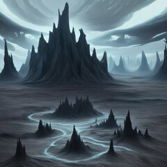 dark landscape with clouds and mountains