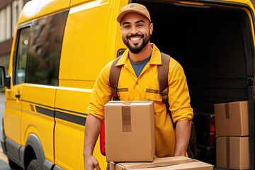 delivery man holding boxes and smiling in front of a van