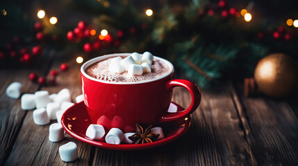Red cup of hot cocoa with marshmallows on a wooden table with Christmas spices