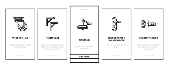 Naklejka premium hardware furniture equipment onboarding mobile vector. metal construction, steel element, silver tool, screw bolt, wood home, house repair hardware furniture equipment Illustrations