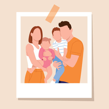 Vector illustration of faceless characters. Polaroid photo of a happy family with two children