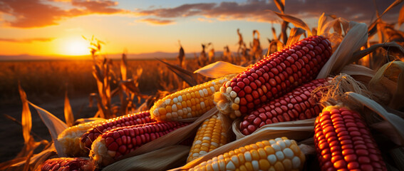 Reichliche Ernte von Maiskolben im Sonnenuntergang