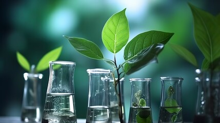Biotechnology concept with green plant leaves, laboratory glassware, and conducting research, illustrating the powerful combination of nature and science in medical advancements.
