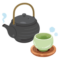 湯呑み茶碗に入ったお茶と急須