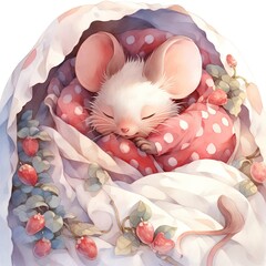 A sleepy baby mouse in a bedding, watercolor illustration.