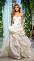 Obraz premium Wedding Model. Female models walk the runway in beautiful stylish white wedding dresses during a Fashion Show