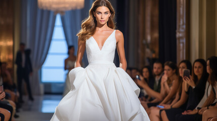 Wedding Model.  Female models walk the runway in beautiful stylish white wedding dresses during a Fashion Show