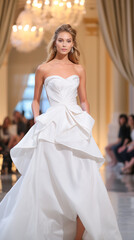 Naklejka premium Wedding Model. Female models walk the runway in beautiful stylish white wedding dresses during a Fashion Show