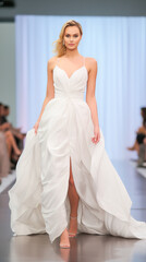 Fototapeta premium Wedding Model. Female models walk the runway in beautiful stylish white wedding dresses during a Fashion Show