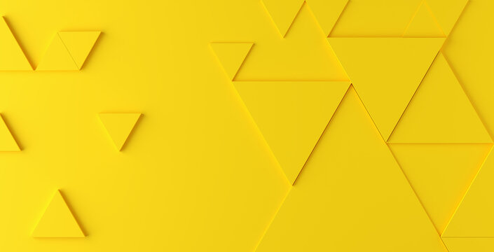 Abstract triangular embossed geometrical shapes on yellow background. Wallpaper background backdrop mockup.
