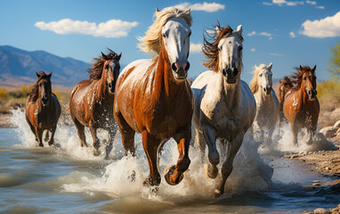 Obraz premium Wild Horse Herd Galloping Through the Rugged Wilderness