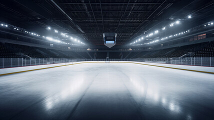 Majestic ice rink arena illuminated by radiant beams, showcasing vast empty blue seats and a...