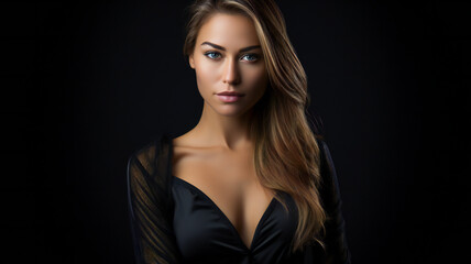 Fototapeta premium Fashion Portrait on a Dark Background. Beautiful Woman Posing on Black