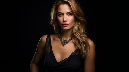 Fototapeta premium Fashion Portrait on a Dark Background. Beautiful Woman Posing on Black