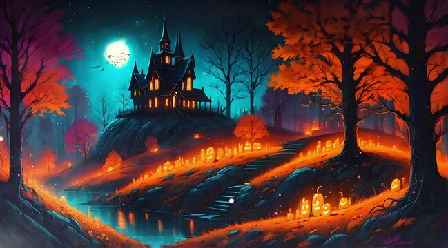 Video Footage spooky halloween night in the forest with haunted house and full moon light. Video animation anime cartoon scene background for film, template