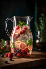 Detox Citrus Infused Flavored Water. a glass pitcher of water infused with fresh fruit slices and herbs . AI Generated