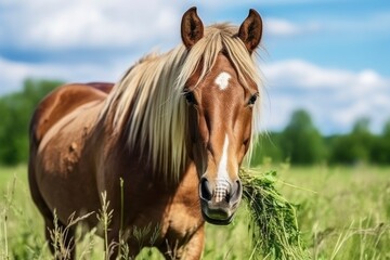 Obraz na płótnie Canvas Brown horse with blond hair eats grass on a green meadow detail from the head.