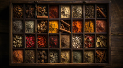 variety of most most popular spices in a wooden box. Ai Generated