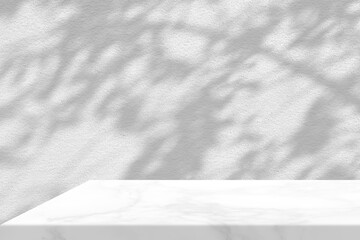 Minimal White Marble Table Corner with Tree Shadow on Concrete Wall Background, Suitable for...