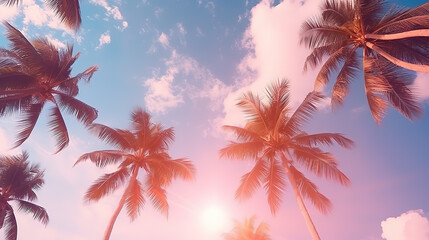 Pink sky and palm tree view from below,  travel concept.
