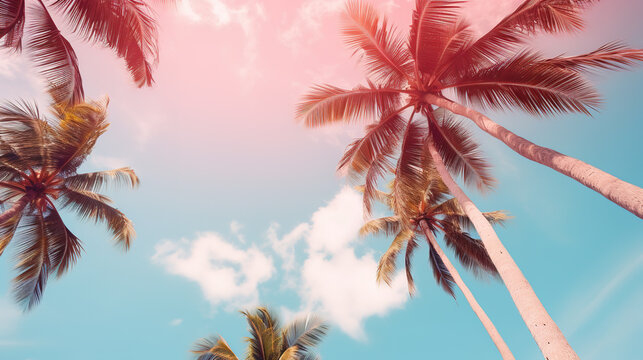 Pink sky and palm tree view from below,  travel concept.