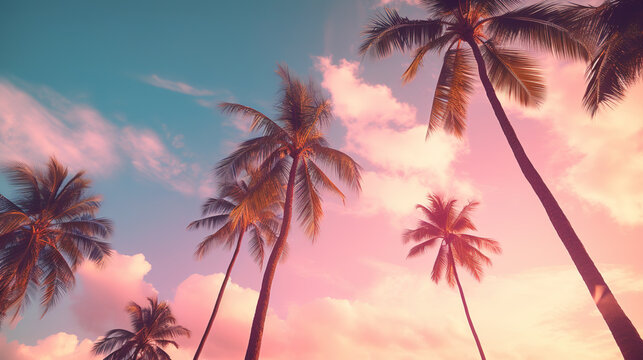 Pink sky and palm tree view from below,  travel concept.