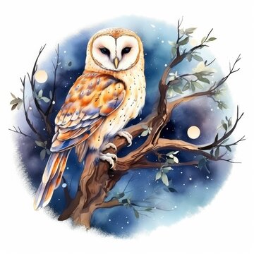 Watercolor magical owl sitting on a tree branch for T-shirt Design.