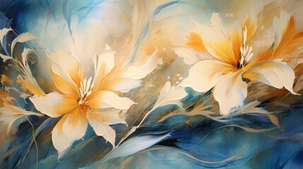 An abstract oil painting technique that features a captivating portrayal of flowers and leaves. This artistic creation exudes a stylish and forward-looking aesthetic on paper