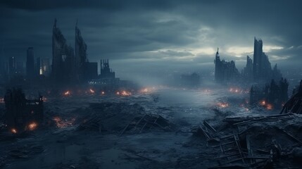 Fototapeta premium Apocalypse city in fog. Aerial View of the destroyed city. Apocalypse concept. 3d rendering.