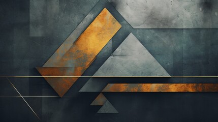 A grunge-style photographic wallpaper featuring geometric abstractions set against a concrete background adorned with golden elements. This illustration is ideal for use as wallpaper, a fresco