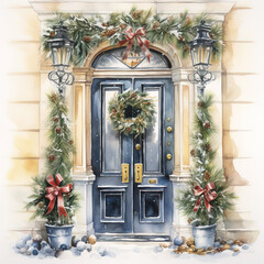 Fototapeta na wymiar Door decoration, Christmas card poster banner, watercolour