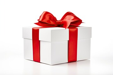 Gift box with red ribbon isolated on white background.